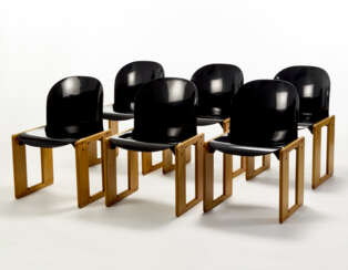 Six chairs model "Dialogo". Produced by B&B, Italy, 1974ca. Light wooden frame and black plastic seat. (52x79.5x44 cm.) (slight defects and losses)