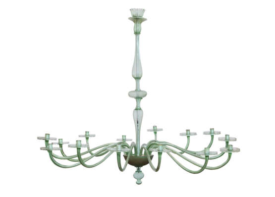 Large fourteen-arm chandelier. Execution by V.S.M. Cappellin Venini & C. 1921-25ca. Transparent light green blown glass. (h cm 195; d cm 230) | | The chandelier is referable to drawing no. 2011 and no. 2018 in the VSM Cappellin Venini catalogue and - фото 1