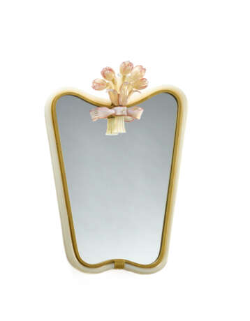 Wall mirror. Murano, 1930s/1940s. Lattimo glass frame with gold leaf application, crystal and rose glass flower cymatium with gold leaf application. (h 59 cm.) | | Provenance | Private collection, Milan - photo 1