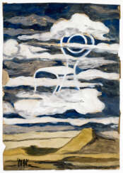 Watercolour depicting a chair among clouds in original Plexiglas display case of the time. Italy, 1960s/1970s. Watercolour on paper. (cm 67.5x47.4) (slight defects)