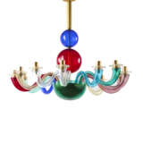 Twelve-arm chandelier. Execution by Venini, Murano, 1963. Transparent polychrome blown glass and gilded metal. Signed with engraving "Gio Ponti Venini 1963". (89x77 cm.) | | Provenance | Private collection, Italy | | Literature | Venini, catalog - фото 1