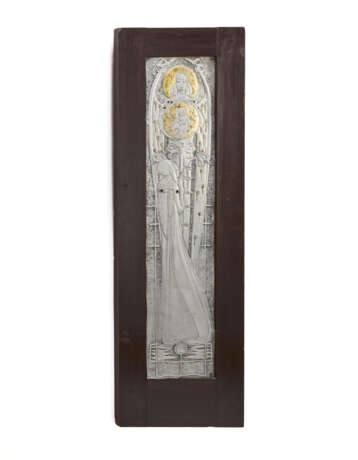 "The Annunciation" | . Glasgow, 1896. Lightly embossed and gilded aluminium plate panel, with insertion of emerald green and ruby red coloured stones. Mounted on original wooden frame. Signed and dated on the bottom left. Coeval paper label on the ba - photo 1