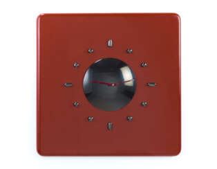 Red wall clock. Produced by Azucena, Milan, 1975ca. Lacquered wood and metal. (59.5x59.5x2 cm.) (slight defects)