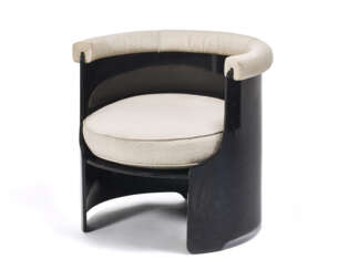 Small armchair model "Midinette". Produced by Azucena,, 1969. Black lacquered wooden frame and white fabric covering. (74.5x69x72 cm.) (slight defects)