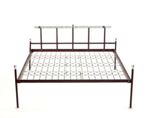 Rare double bed model "Spagnolo". Produced by Azucena, Milan, 1961. Chromed and painted dark red metal frame. (184x96x203 cm.) (slight defects)