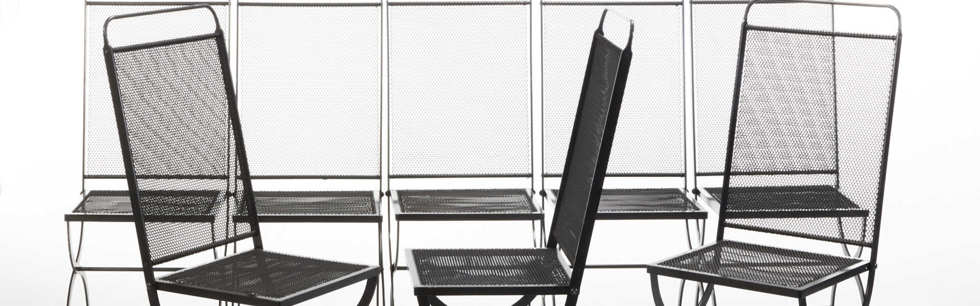 Eight chairs of the series "Nonaro". Produced by Azucena,, 1970s/1980s. Metallised grey iron. (40x100x50 cm.) (slight defects) | | Literature | Azucena. Mobili e oggetti, Catalogo del produttore, Milano, s.d. [2012], pp. 214-215
