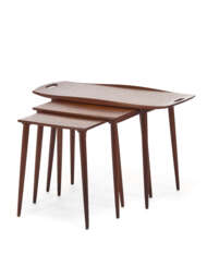 Three nesting tables. Denmark, 1960s. Teak wooden frame. (cm max 81x52x40)