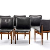 Six chairs with wooden frame, seat and back upholstered in black leather. Produced by France and Son, Denmark, 1960s. Bearing manufacture metal label. (55x82x55 cm.) (slight defects) - photo 2