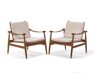 Pair of armchairs model "133". Produced by France & Son,, 1954. Solid teak wood, cushions upholstered in white fabric. Bearing manufacturer's mark at the base of the seat. (74x77x74 cm.) (slight defects)