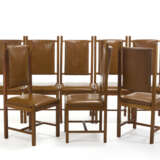 Eight high-backed chairs designed for the dining room. How, 1970s. Solid wood, seat and back upholstered in brown leather. (46x110.5x50 cm.) (slight defects) | | Provenance | Private collection, Como - photo 2