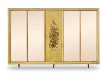 Five-door cabinet. Milan, 1930s. Wooden frame upholstered in parchment, rose-coloured crystal doors decorated with floral motifs inlays. (290x189.5x62.5 cm.) (defects) | | Provenance | Private collection, Milan