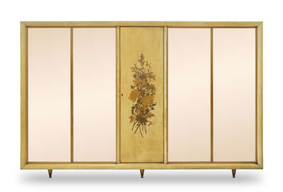 Five-door cabinet. Milan, 1930s. Wooden frame upholstered in parchment, rose-coloured crystal doors decorated with floral motifs inlays. (290x189.5x62.5 cm.) (defects) | | Provenance | Private collection, Milan - photo 1