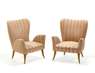 Pair of chamber armchairs. Milan, 1930s. Light wooden frame, seat and backrest upholstered in pink and antique pink striped fabric. (65x80x54 cm.) | | Provenance | Private collection, Milan