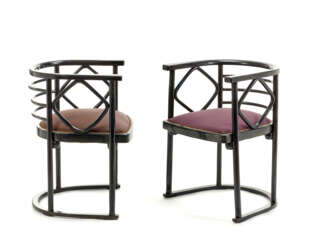 Pair of small armchairs model "728". Produced by Jacob & Josef Kohn, Austria, 1905-1908ca. Painted bent beech frame, seat upholstered in burgundy fabric. (53x74x49 cm.) (slight defects and restoration) | | Literature | Il mobile moderno. Gebruder T