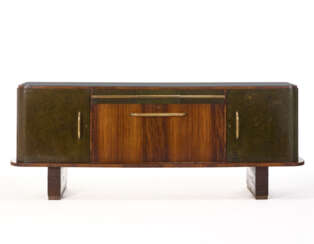 Large sideboard with side doors, a central compartment and an under-shelf drawer. Arredamenti Borsani,, 1930s. Base, top in aniline-painted wood, black opaline top, buxus panelled doors, brass handles. (261.5x101.5x57 cm.) | | Accompanied by a stat