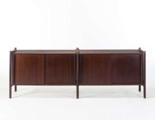 Sideboard with four sliding doors model "Archimede". Produced by Gavina,, 1960s. Solid and veneered wood. (211.5x73.5x44 cm.) (slight defects)