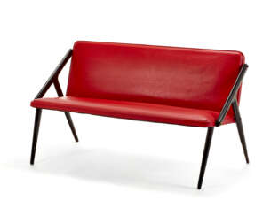 Red leatherette sofa. Shaped ebonised wooden and brass frame. Italy, 1950s/1960s. (117.5x66.5x53 cm.) (slight defects)