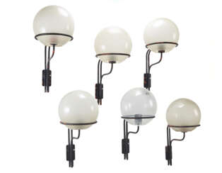Six wall lamps model "256". Produced by Arteluce,, 1964ca. Black painted metal rod frame and glass light diffusers, except one unrelated in plastic. (h 50 cm.) (defects)