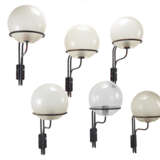 Six wall lamps model "256". Produced by Arteluce,, 1964ca. Black painted metal rod frame and glass light diffusers, except one unrelated in plastic. (h 50 cm.) (defects) - photo 1