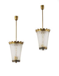 (Attributed) | Pair of suspension lamps with brass frame, acid treated glass light diffusers. Italy, 1930s. (h 90 cm.) (minor defects and small losses) | | Literature | S. Montefusco, Fontana Arte. Repertorio 1933-1943 dalle immagini d'epoca, The 
