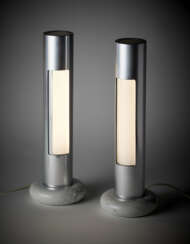 Pair of table lamps model "Morgana". Produced by Sormani, Italy, 1970s. Aluminium swivel frame, opal Plexiglas and marble base. (h 43 cm.) (slight defects)