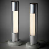 Pair of table lamps model "Morgana". Produced by Sormani, Italy, 1970s. Aluminium swivel frame, opal Plexiglas and marble base. (h 43 cm.) (slight defects) - Foto 1