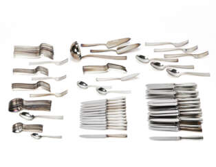 Stainless steel cutlery set consisting of twenty-four forks and twenty-four knives, twelve spoons, twelve forks and twelve knives for fish, twelve forks and twelve knives for fruit, twelve coffee spoons and eleven serving spoons. In original cloth ca