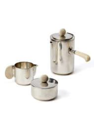 Silver service consisting of: coffee pot, milk jug and sugar bowl. Italy, 1930s/1940s. Ivory grips and handles. Title 800. Unreadable mark. (h max cm 15.5; g gross 650) | | This lot is accompanied by the CITES certificate IT/CE/2024/VA/00075