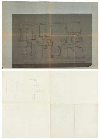 Lot of drawings and sketches relating to the project for Casa Scatturin in Venice and in particular the study of the bathroom containing: five sheets with surface calculations, eight heliocopies, including two general plans of the house with handwrit - photo 1