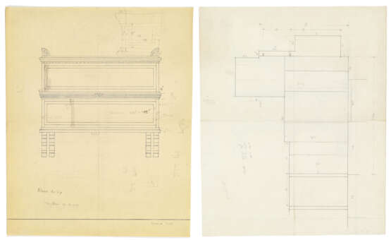 Lot of drawings and sketches relating to the project for Casa Scatturin in Venice and in particular the study of the bathroom containing: five sheets with surface calculations, eight heliocopies, including two general plans of the house with handwrit - Foto 5
