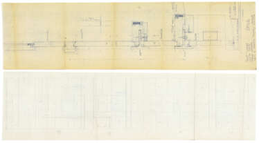 Lot of drawings and sketches relating to the Salviati shop project containing: two heliocopies, one drawing on transparencies, two sketches on paper, two sheets with surface calculations. Venice, 1958-60ca. Graphite, pen and coloured pencils on paper