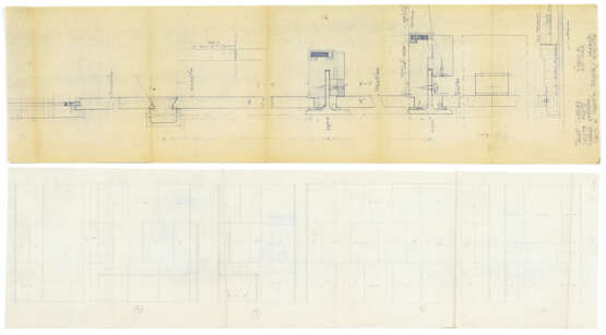 Lot of drawings and sketches relating to the Salviati shop project containing: two heliocopies, one drawing on transparencies, two sketches on paper, two sheets with surface calculations. Venice, 1958-60ca. Graphite, pen and coloured pencils on paper - фото 1