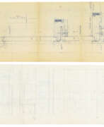 Carlo Scarpa. Lot of drawings and sketches relating to the Salviati shop project containing: two heliocopies, one drawing on transparencies, two sketches on paper, two sheets with surface calculations