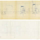 Lot of drawings and sketches relating to the Salviati shop project containing: two heliocopies, one drawing on transparencies, two sketches on paper, two sheets with surface calculations. Venice, 1958-60ca. Graphite, pen and coloured pencils on paper - фото 1