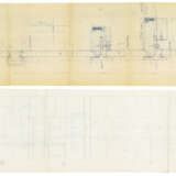 Lot of drawings and sketches relating to the Salviati shop project containing: two heliocopies, one drawing on transparencies, two sketches on paper, two sheets with surface calculations. Venice, 1958-60ca. Graphite, pen and coloured pencils on paper - фото 2