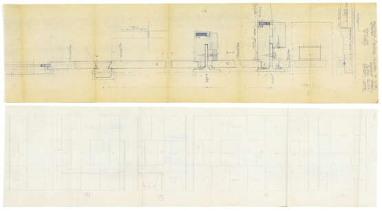 Lot of drawings and sketches relating to the Salviati shop project containing: two heliocopies, one drawing on transparencies, two sketches on paper, two sheets with surface calculations. Venice, 1958-60ca. Graphite, pen and coloured pencils on paper - Foto 2