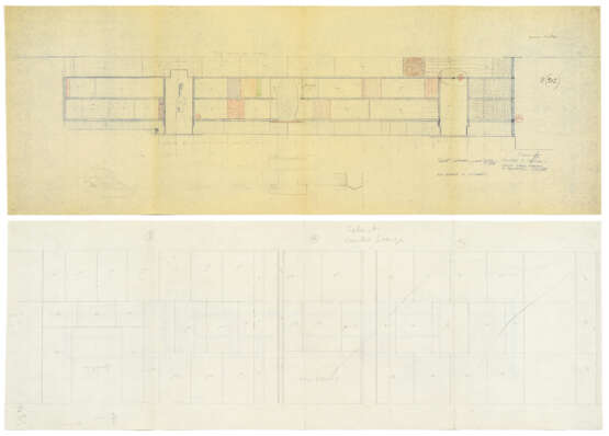Lot of drawings and sketches relating to the Salviati shop project containing: two heliocopies, one drawing on transparencies, two sketches on paper, two sheets with surface calculations. Venice, 1958-60ca. Graphite, pen and coloured pencils on paper - Foto 3
