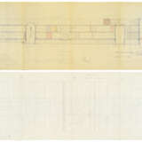 Lot of drawings and sketches relating to the Salviati shop project containing: two heliocopies, one drawing on transparencies, two sketches on paper, two sheets with surface calculations. Venice, 1958-60ca. Graphite, pen and coloured pencils on paper - фото 3