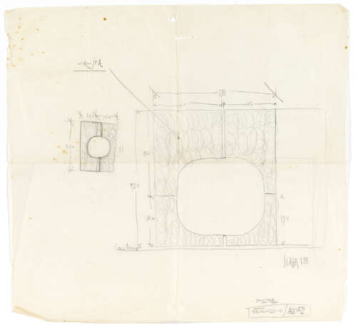 Lot of drawings and sketches relating to the Salviati shop project containing: two heliocopies, one drawing on transparencies, two sketches on paper, two sheets with surface calculations. Venice, 1958-60ca. Graphite, pen and coloured pencils on paper - photo 4
