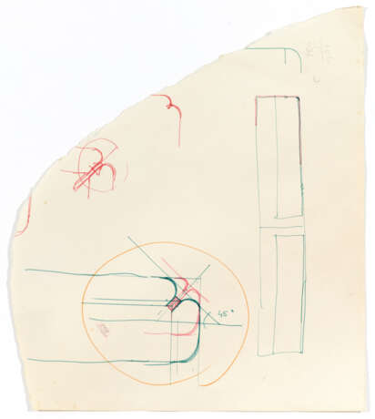 Lot of drawings and sketches relating to the Salviati shop project containing: two heliocopies, one drawing on transparencies, two sketches on paper, two sheets with surface calculations. Venice, 1958-60ca. Graphite, pen and coloured pencils on paper - Foto 5