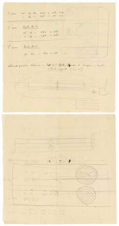 Lot of drawings and sketches relating to the Salviati shop project containing: two heliocopies, one drawing on transparencies, two sketches on paper, two sheets with surface calculations. Venice, 1958-60ca. Graphite, pen and coloured pencils on paper - photo 8