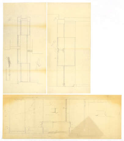 "Negozio Olivetti a Venezia" | Lot consisting of three sheets: the first and second by Carlo Scarpa's collaborators with studies for the cladding of the central pillar in Aurisina stone slabs interspersed with courses in muntzmetall; the third a heli - фото 1