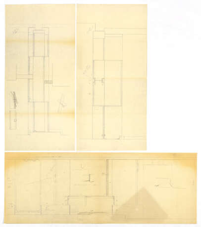 "Negozio Olivetti a Venezia" | Lot consisting of three sheets: the first and second by Carlo Scarpa's collaborators with studies for the cladding of the central pillar in Aurisina stone slabs interspersed with courses in muntzmetall; the third a heli - photo 1