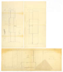 "Negozio Olivetti a Venezia" | Lot consisting of three sheets: the first and second by Carlo Scarpa's collaborators with studies for the cladding of the central pillar in Aurisina stone slabs interspersed with courses in muntzmetall; the third a heli