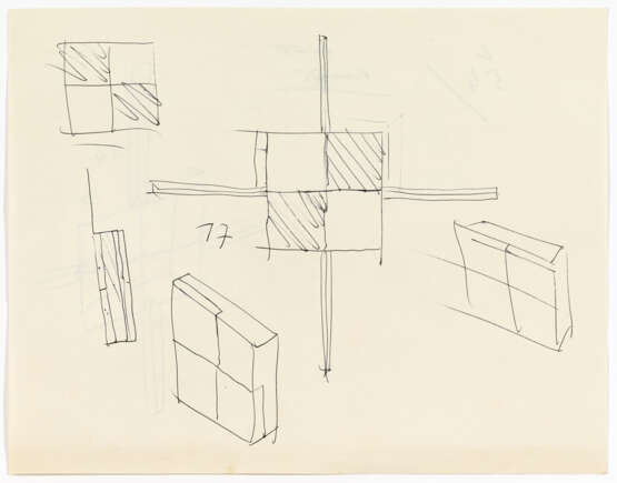 Lot consisting of five sheets concerning the Brion Tomb project, relating to the study for a variant of the polychrome marble inlay decoration of the chapel doors. Bearing autograph annotations by the architect. Venice, 1970-78ca. Graphite, pen and c - фото 1