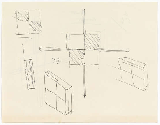 Lot consisting of five sheets concerning the Brion Tomb project, relating to the study for a variant of the polychrome marble inlay decoration of the chapel doors. Bearing autograph annotations by the architect. Venice, 1970-78ca. Graphite, pen and c - photo 2