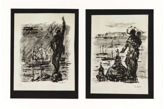 Two black ink drawings on paper glued on cardboard depicting statues and views of religious buildings. Venice, second half 20th century. Signed on the bottom right. (cm 21x15 e 20.5x16) (slight defects) - Foto 1