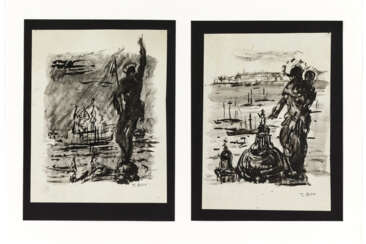 Two black ink drawings on paper glued on cardboard depicting statues and views of religious buildings. Venice, second half 20th century. Signed on the bottom right. (cm 21x15 e 20.5x16) (slight defects)