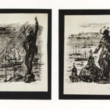 Two black ink drawings on paper glued on cardboard depicting statues and views of religious buildings - photo 1