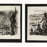 Two black ink drawings on paper glued on cardboard depicting statues and views of religious buildings. Venice, second half 20th century. Signed on the bottom right. (cm 21x15 e 20.5x16) (slight defects) - Foto 2
